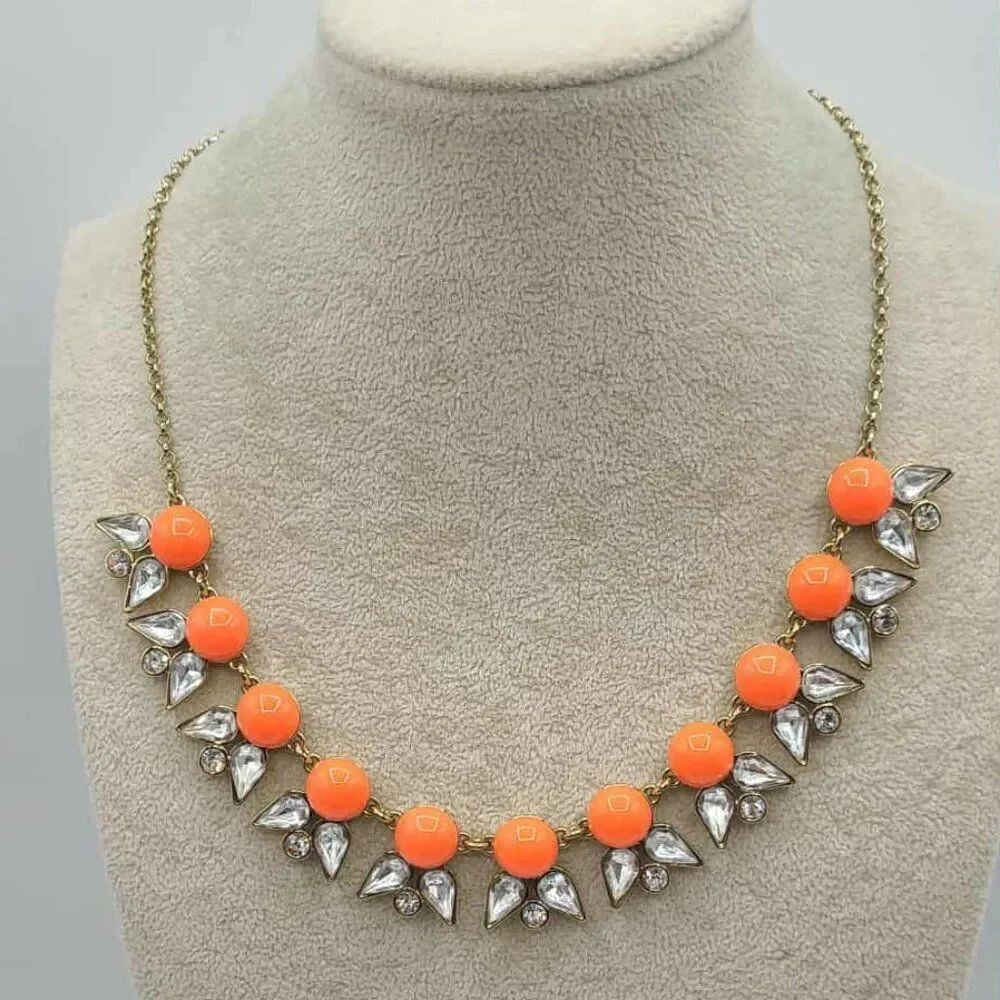 J Crew Orange Resin Beads with Clear Crystal Necklace  NWOT!